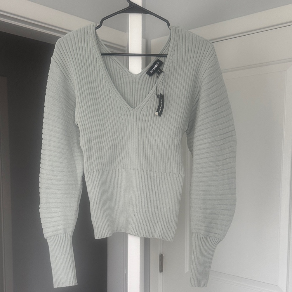 Express V-Neck Ribbed Sweater - Light Pale Green with bulky sleeves